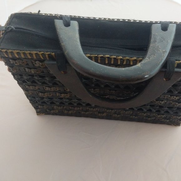 Vintage black woven straw and fabric rectangle box handbag made in Thailand - Picture 6 of 11